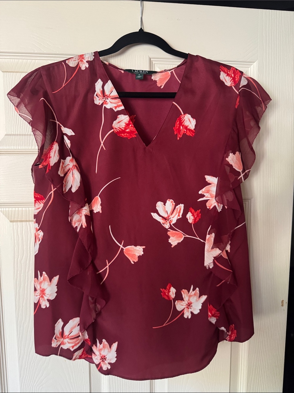 Lauren Ralph Lauren Maroon Floral Ruffle Sleeve V-Neck Blouse